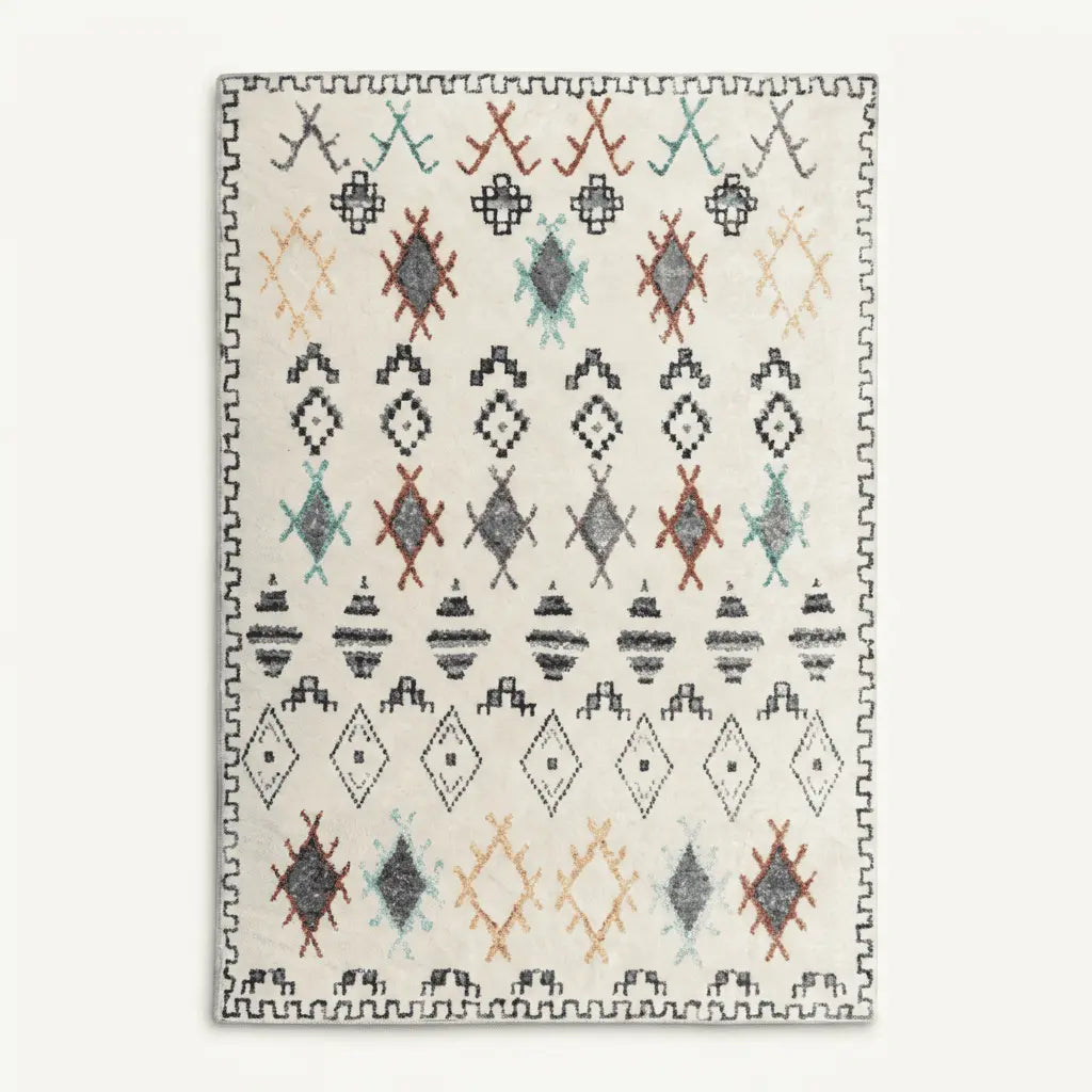 Tapis berbère écru à motifs géométriques colorés, vu de dessus.