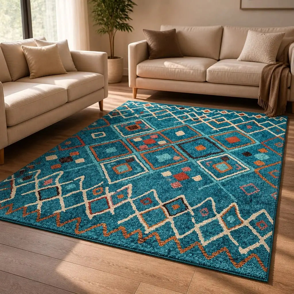 Tapis berbère ATLAS bleu turquoise aux motifs géométriques colorés dans un beau salon lumineux.