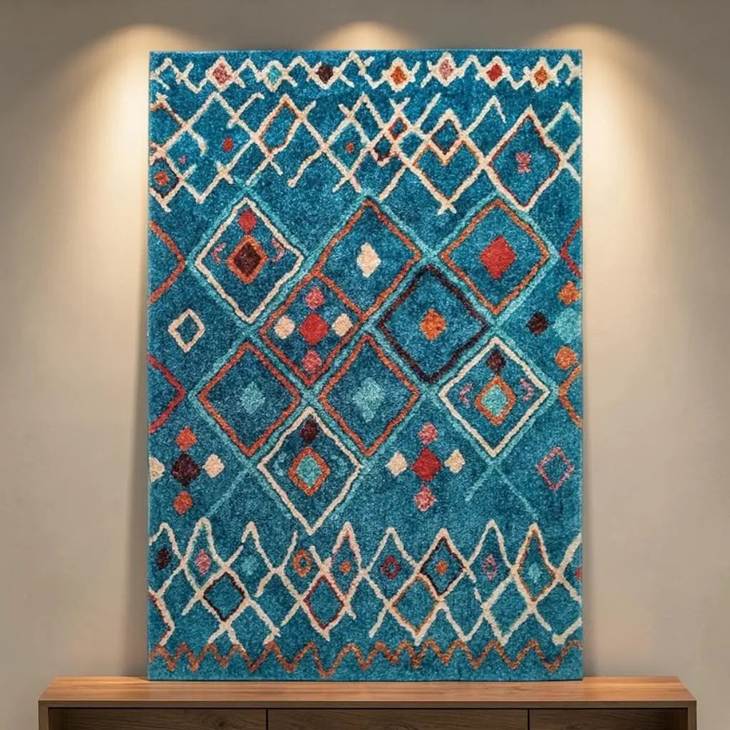 Tapis berbère bleu aux motifs géométriques colorés présenté sur un meuble en bois.