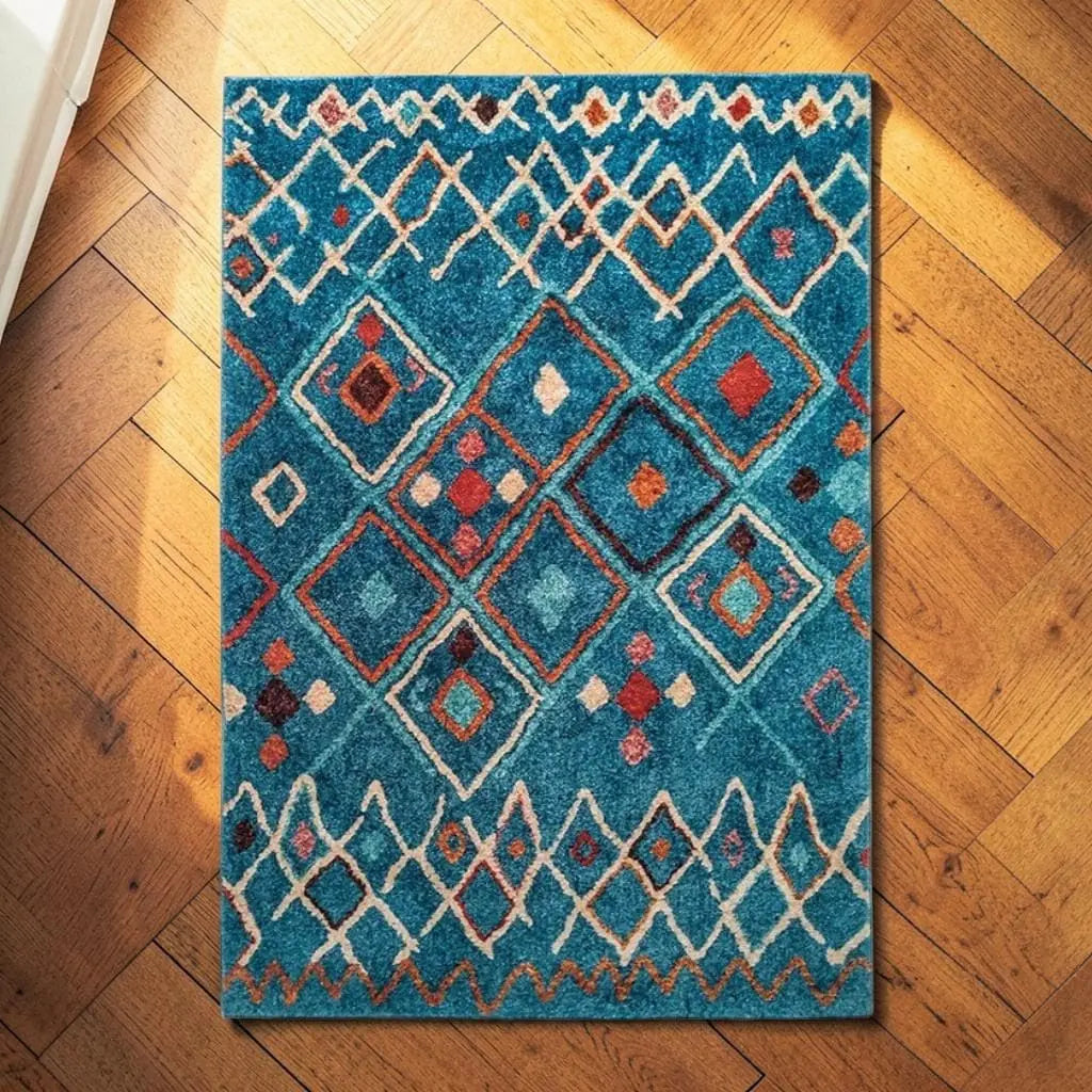 Tapis berbère bleu turquoise posé sur un parquet en bois.