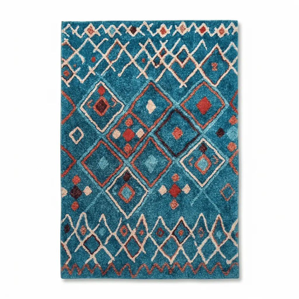 Tapis berbère bleu orné de losanges, de lignes entrecroisées et de motifs orange, beige et rouges.