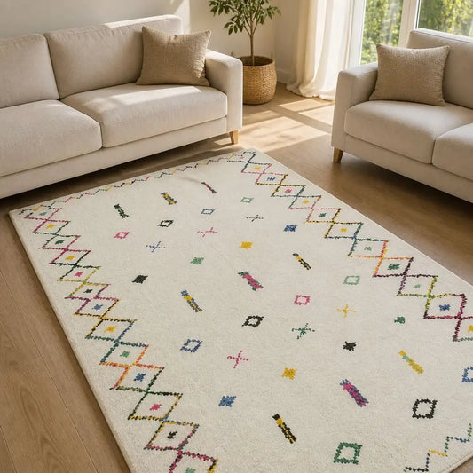 Tapis berbère SAHARA écru aux motifs géométriques multicolores dans un salon lumineux.