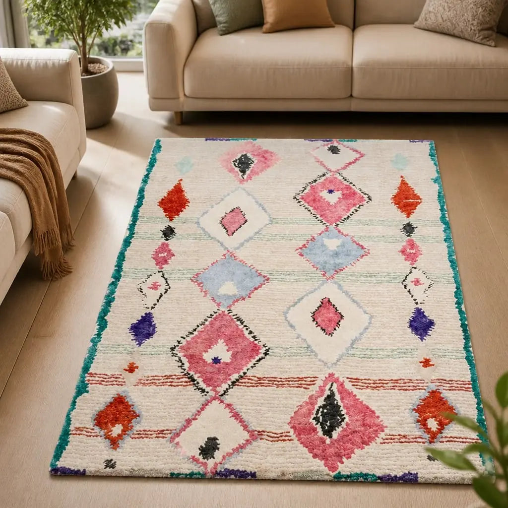 Tapis berbère ANZAR écru aux motifs losanges colorés dans un salon lumineux.