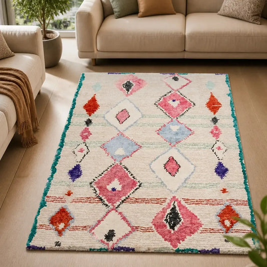 Tapis berbère ANZAR écru aux motifs losanges colorés dans un salon lumineux.