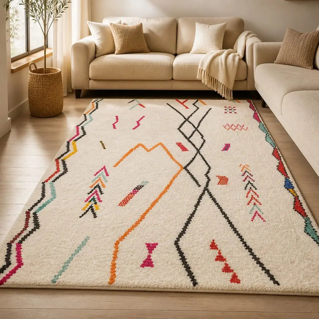 Tapis berbère TIFAWIN écru aux motifs abstraits multicolores dans un salon chaleureux.