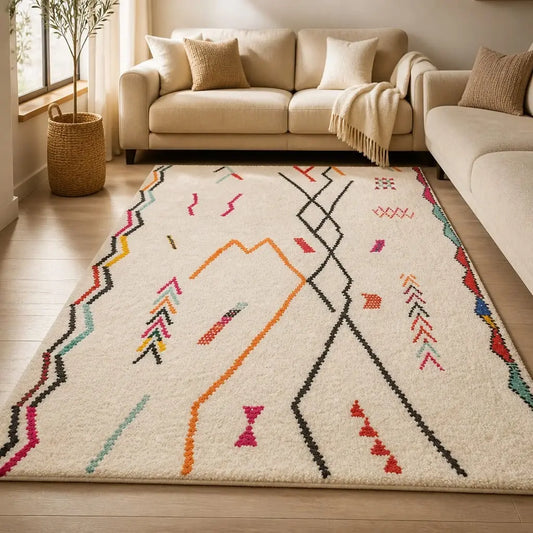 Tapis berbère TIFAWIN écru aux motifs abstraits multicolores dans un salon chaleureux.