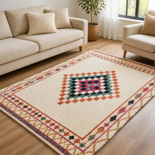 Tapis berbère TIGHREMT écru à motifs géométriques colorés dans un salon moderne.