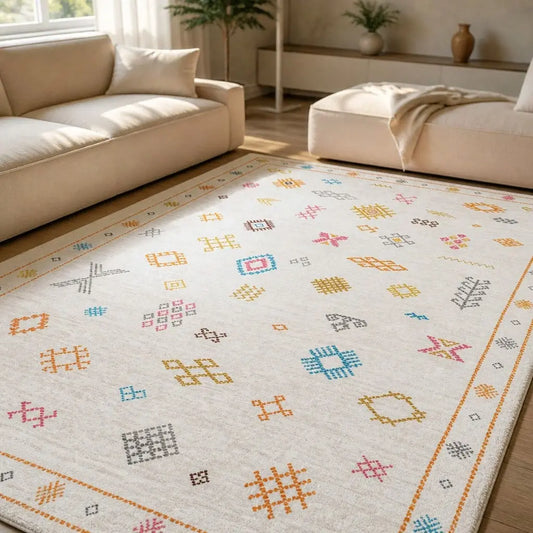 Tapis berbère TAFUKT écru à motifs géométriques colorés dans un salon lumineux.