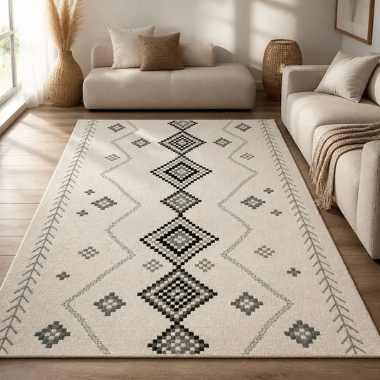 Tapis berbère NELYA écru et gris à motifs géométriques, installé dans un salon lumineux.