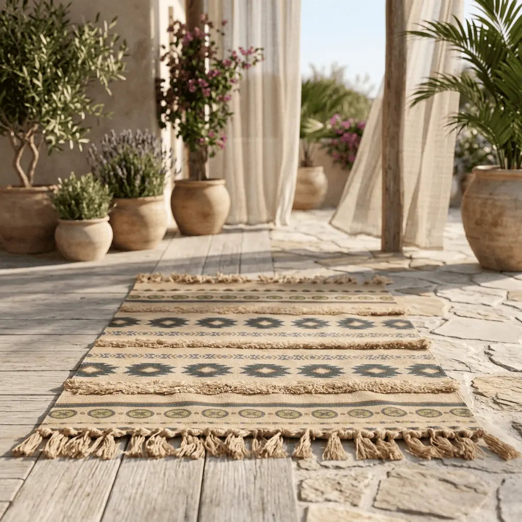 Tapis bohème installé sur une terrasse en bois entourée de plantes.
