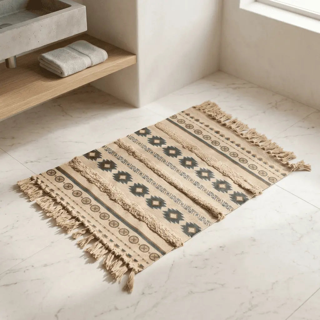 Tapis bohème disposé dans une salle de bain lumineuse au sol marbré.
