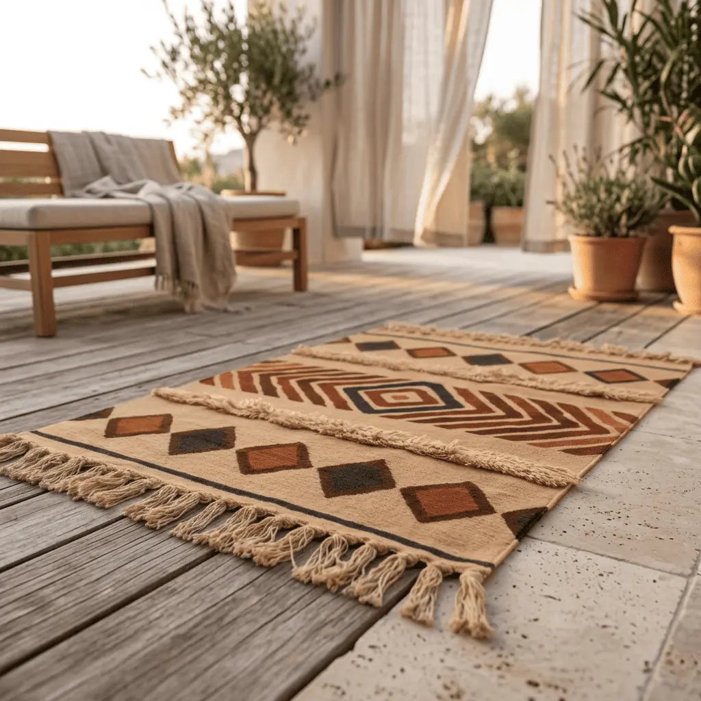 Tapis bohème installé sur une terrasse en bois, dans un décor chaleureux.