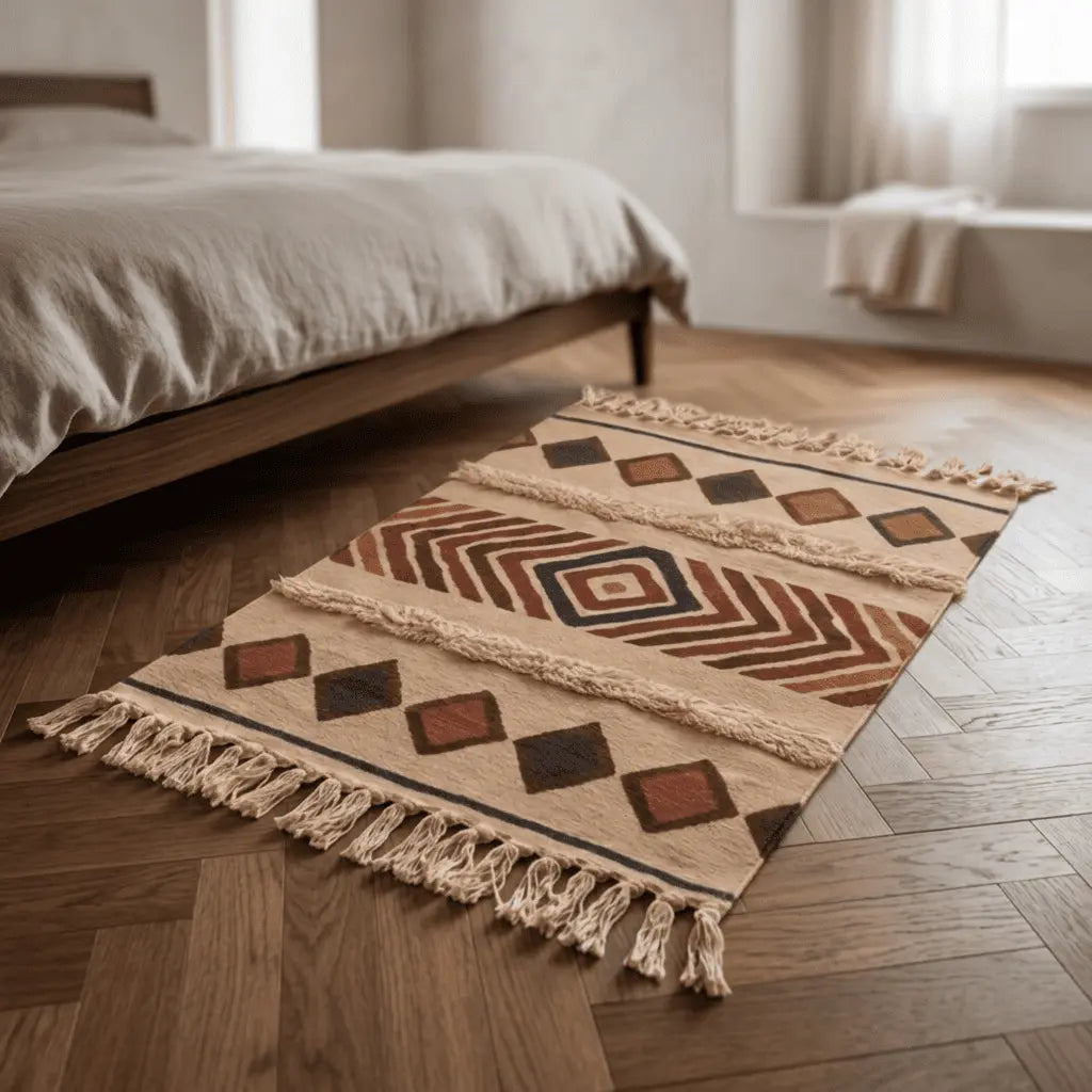 Tapis bohème NOMA beige et marron placé au pied d’un lit, sur un parquet en bois.