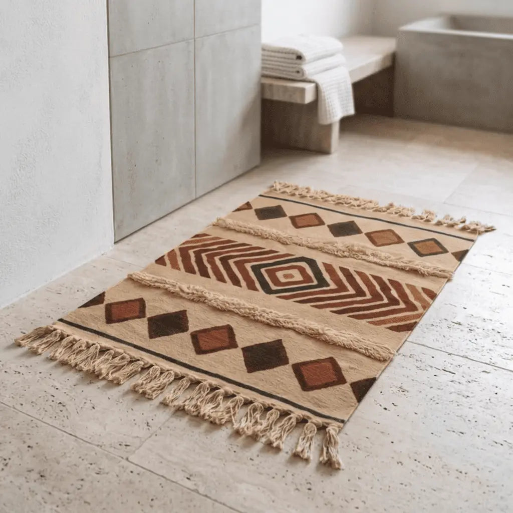 Tapis bohème disposé dans une salle de bain lumineuse, sur un sol clair.