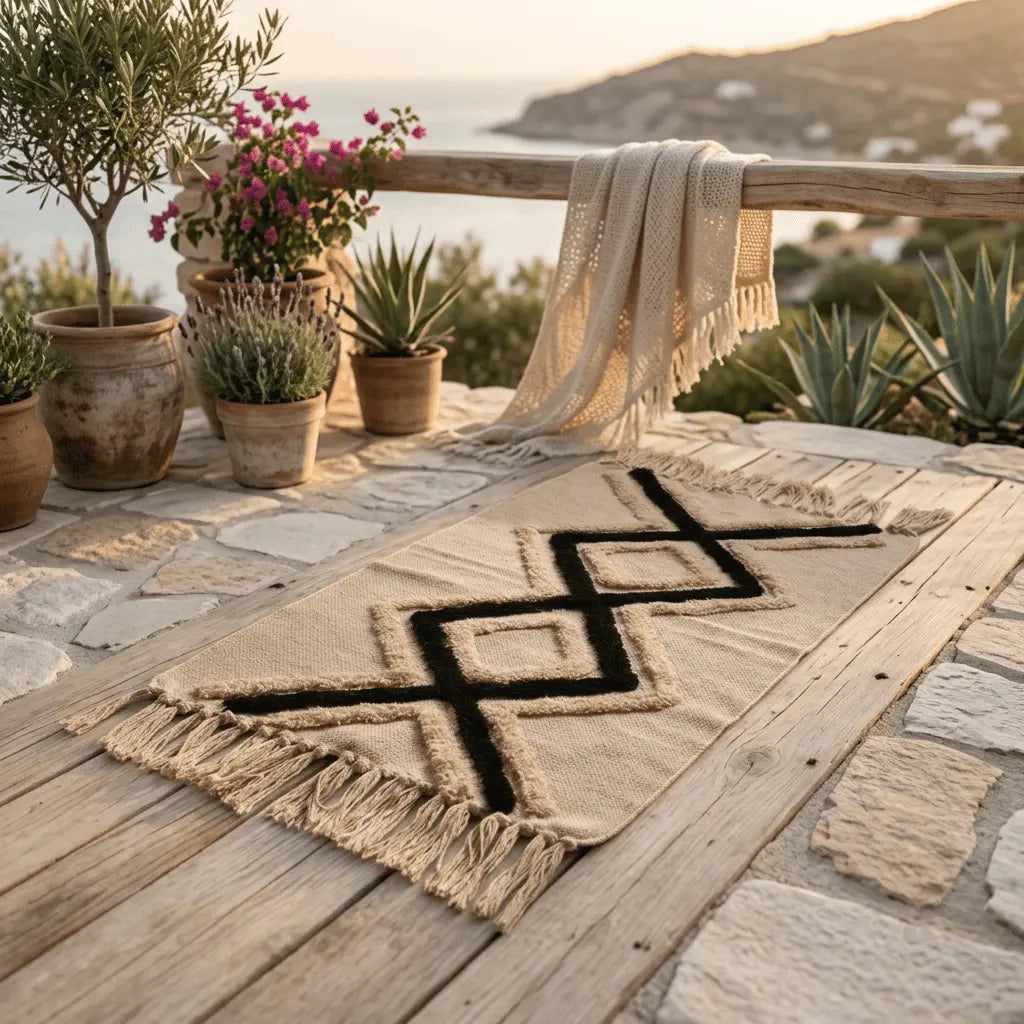 Tapis bohème installé sur une terrasse en bois avec vue sur la mer.