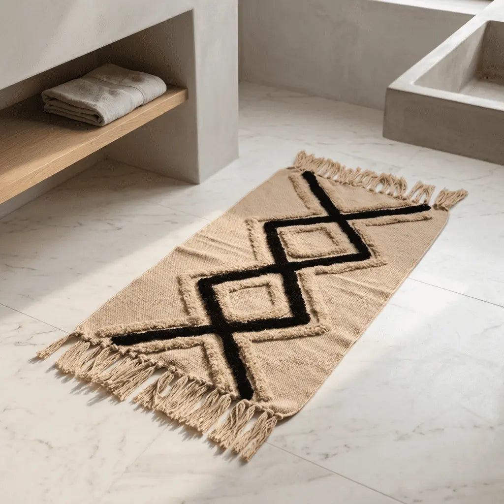 Tapis bohème disposé dans une salle de bain lumineuse au sol en marbre.