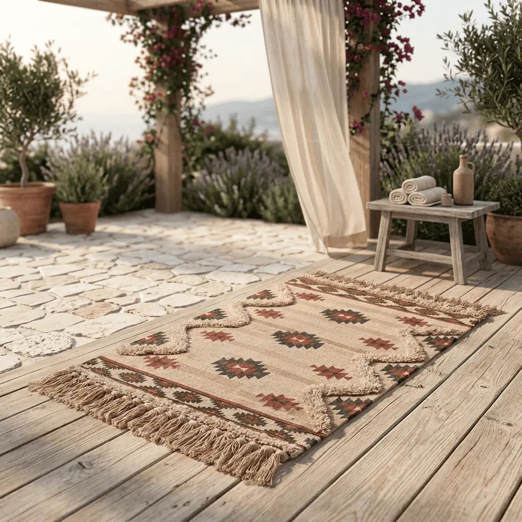 Tapis bohème disposé sur une terrasse en bois avec vue sur un jardin.