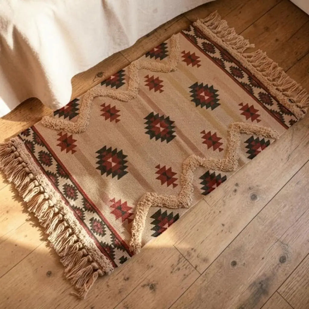Tapis bohème placé au pied d’un lit sur un parquet en bois.