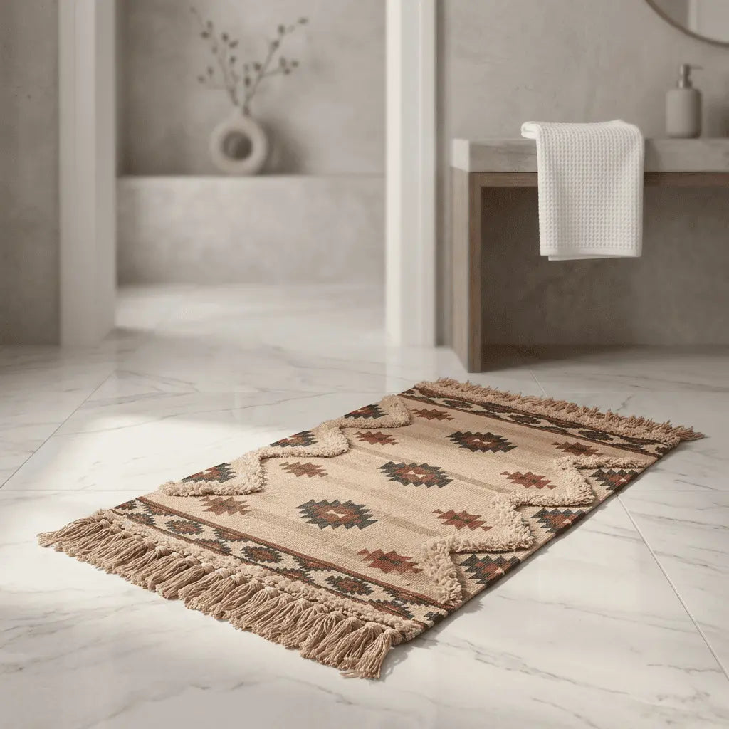 Tapis bohème beige à motifs ethniques rouges, noirs et bruns, installé dans une salle de bain.