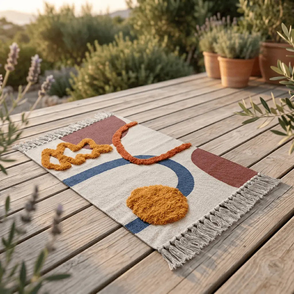 Tapis bohème installé sur une terrasse en bois, entouré de plantes méditerranéennes.