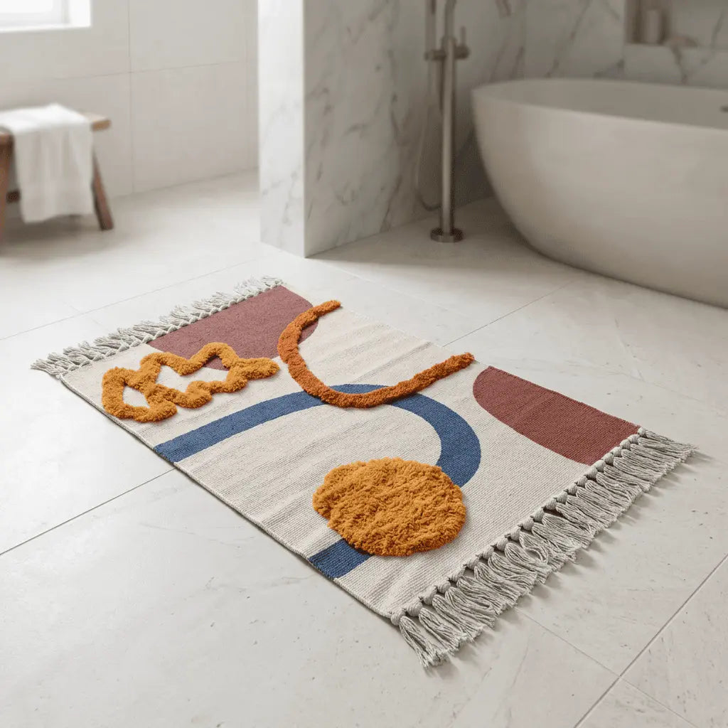 Tapis bohème coloré aux motifs géométriques texturés, posé dans une salle de bains moderne.