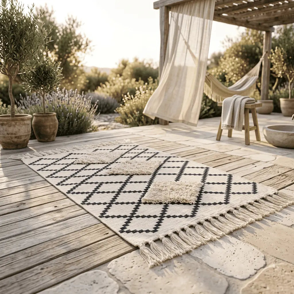 Tapis bohème installé sur une terrasse en bois, dans un jardin méditerranéen.