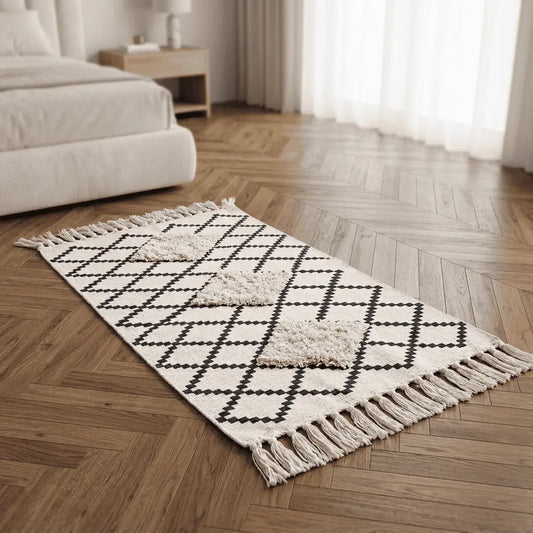 Tapis bohème AZIL écru et noir placé au pied d’un lit, sur un parquet à chevrons.