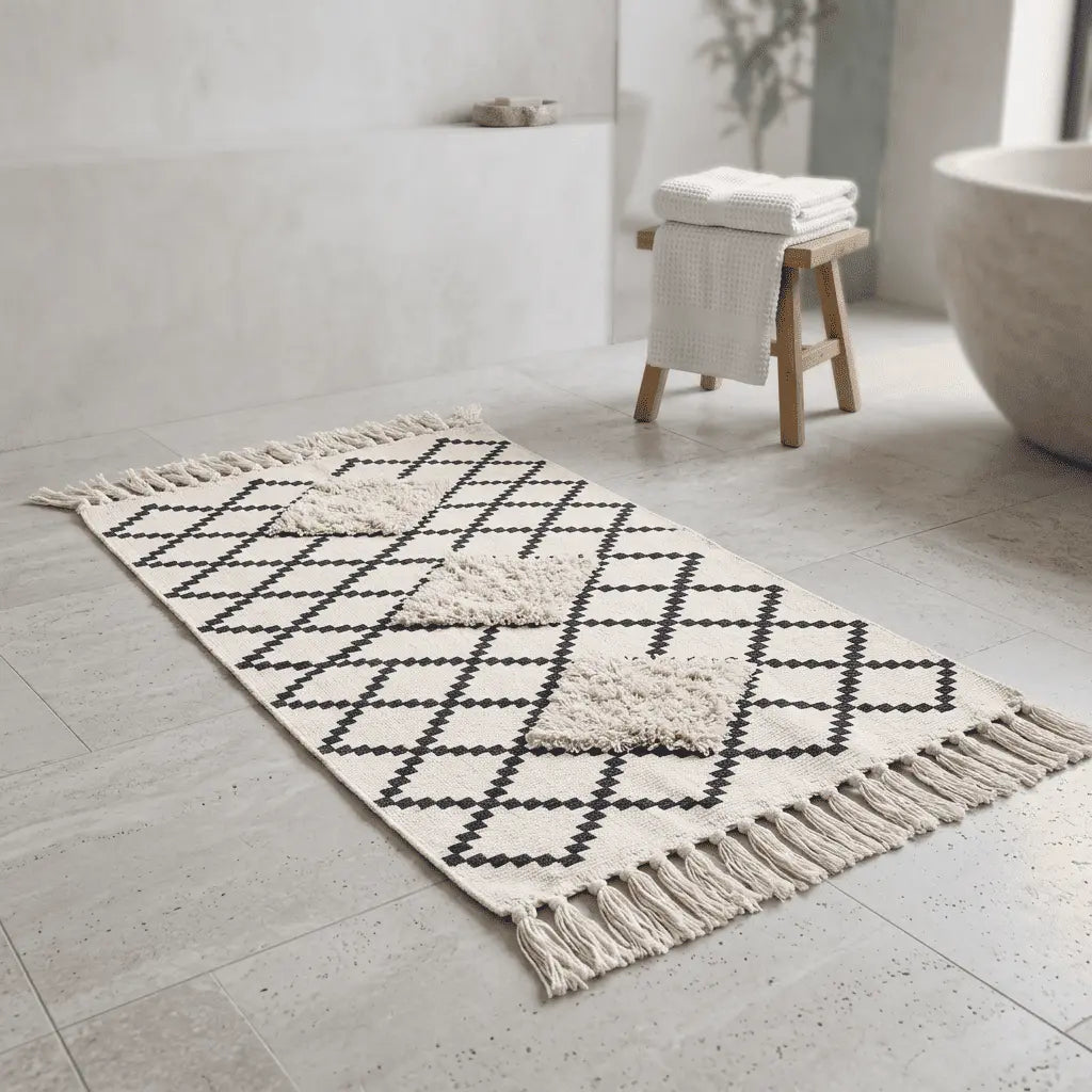 Tapis bohème écru orné de losanges noirs et de trois motifs berbères texturés dans une belle salle de bain.