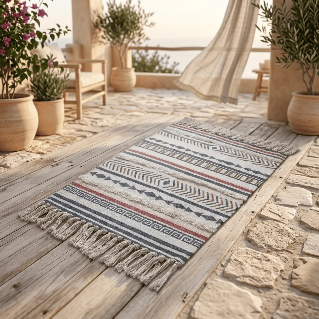 Tapis bohème disposé sur une terrasse en bois entourée de plantes.