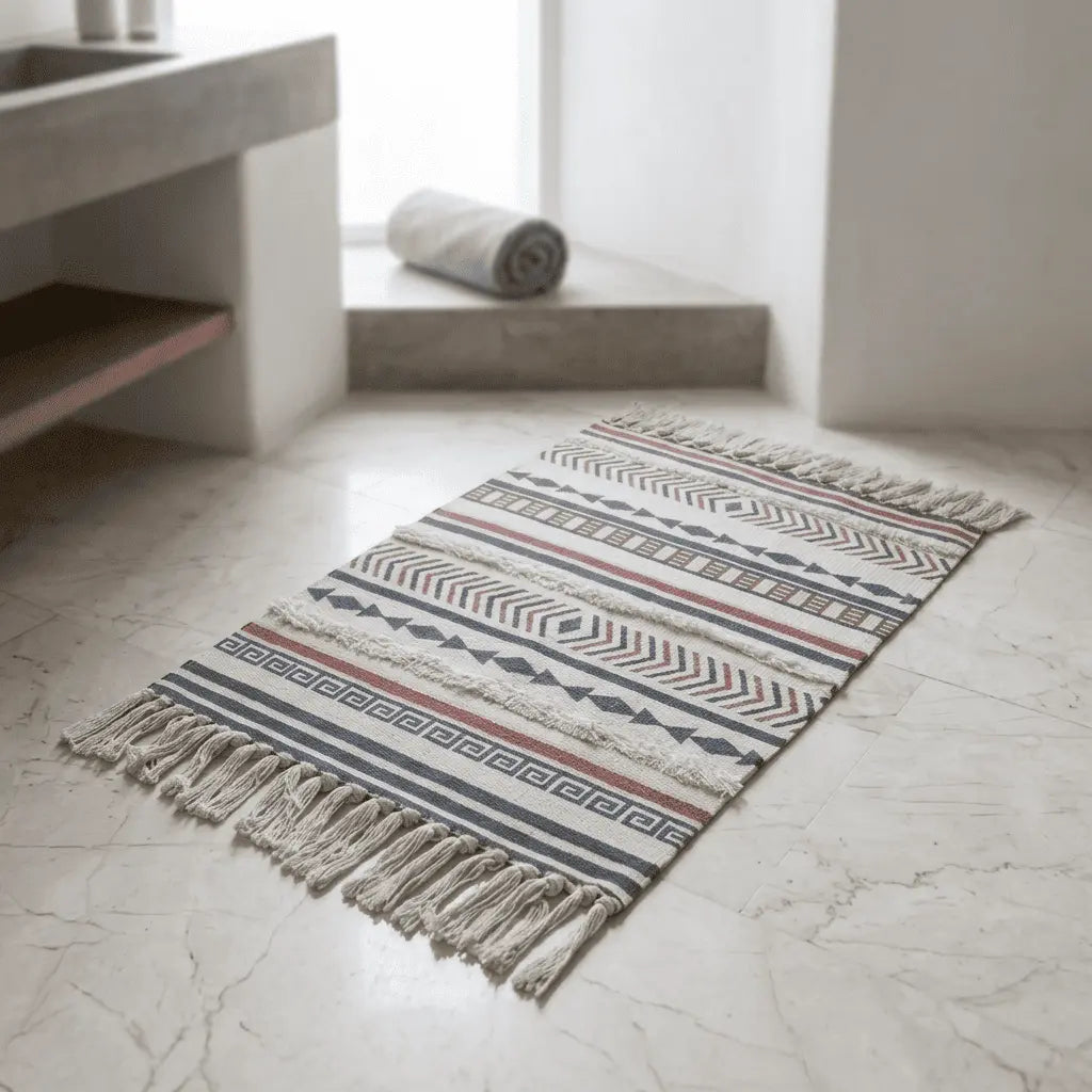 Tapis bohème à motifs géométriques bleus, rouges et gris, installé dans une salle de bain.