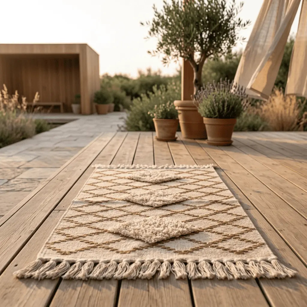 Tapis bohème à motifs losanges et reliefs texturés, installé sur une terrasse en bois.
