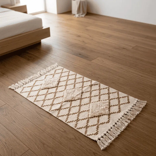 Tapis bohème DUNE écru à motifs berbères géométriques, posé dans une chambre.