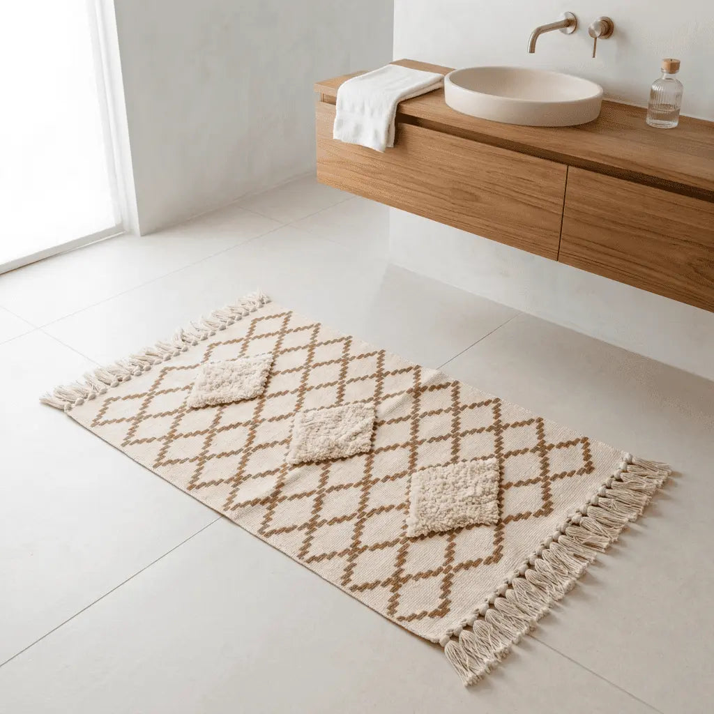 Tapis bohème écru à motifs géométriques placé dans une salle de bains moderne.