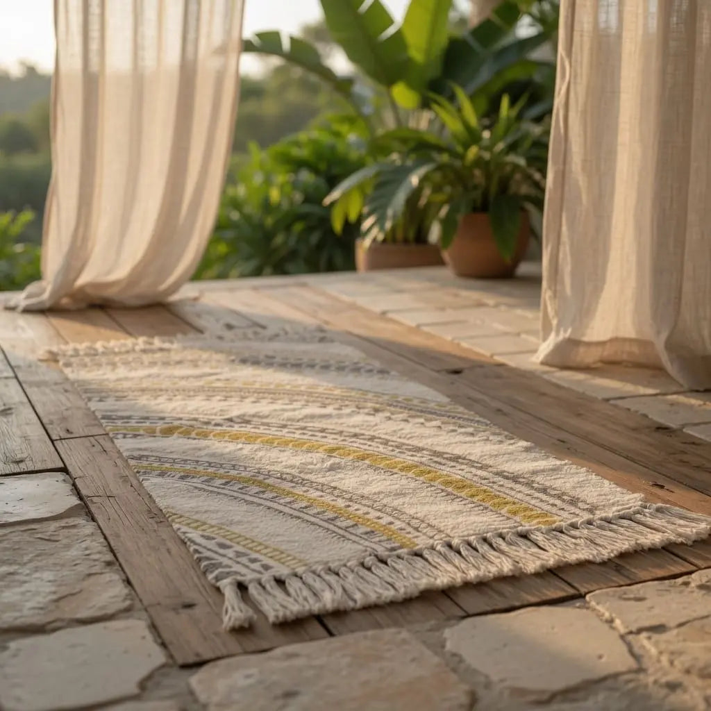 Tapis bohème installé sur une terrasse en bois, entre des voilages et des plantes.
