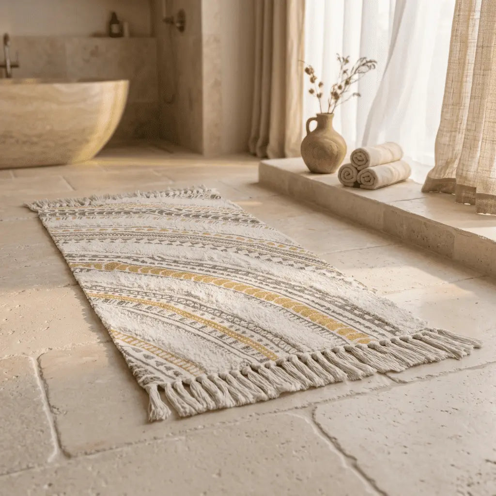 Tapis bohème écru aux lignes ethniques et détails dorés, posé dans une salle de bains.