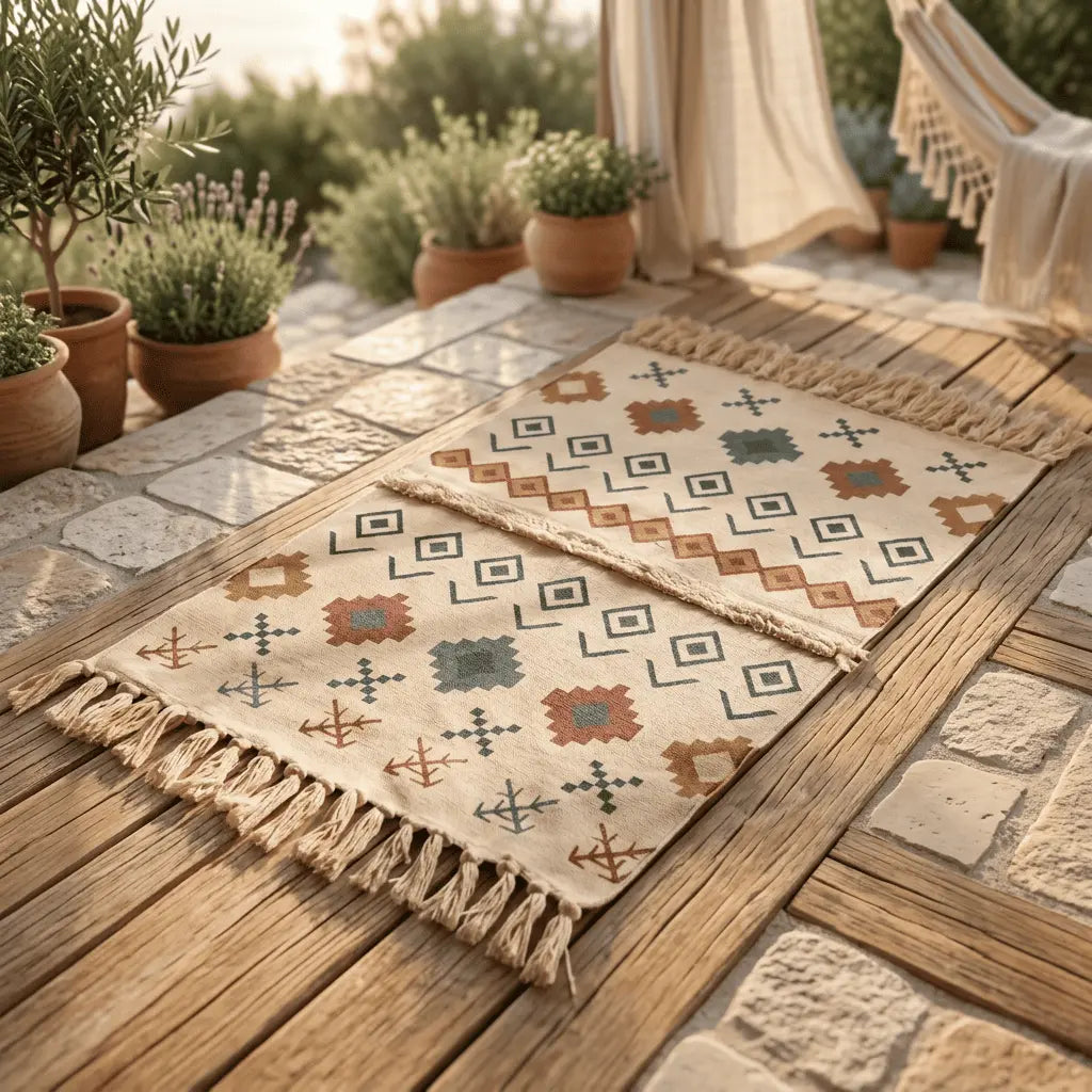 Tapis bohème disposé sur une terrasse en bois entourée de plantes.
