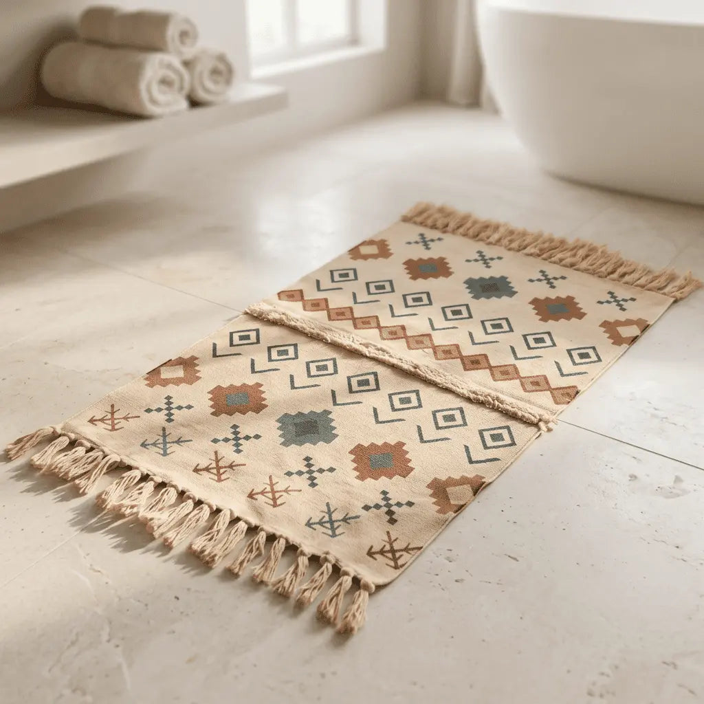 Tapis bohème installé dans une salle de bain lumineuse au sol clair.