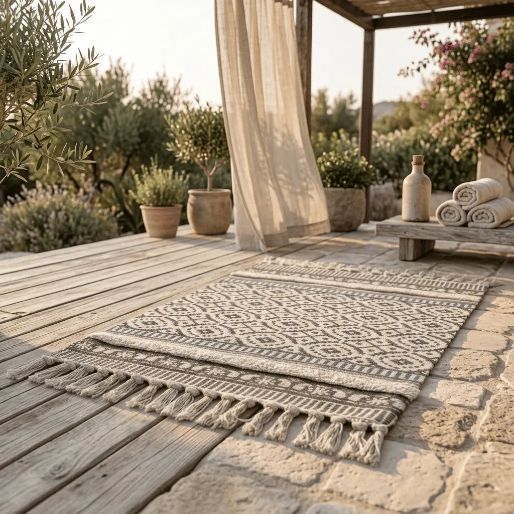 Tapis bohème beige et gris à motifs ethniques, disposé sur une terrasse en bois.