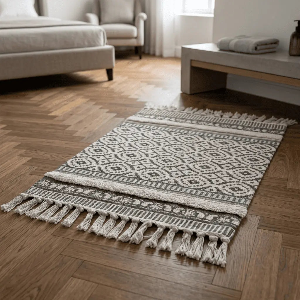 Tapis bohème ELYRA installé dans une chambre lumineuse sur un parquet en bois.