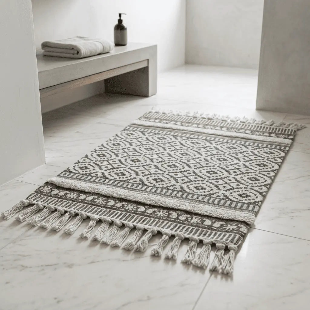 Tapis bohème placé dans une salle de bain moderne au sol marbré.