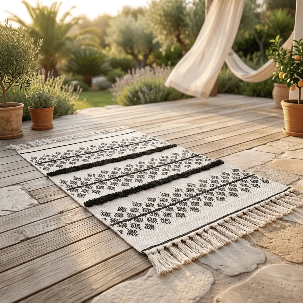 Tapis bohème installé sur une terrasse en bois, entouré de plantes et de voilages.
