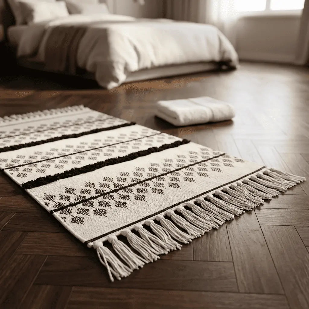 Tapis bohème NAYA écru et noir placé dans une chambre, sur un parquet en bois foncé.