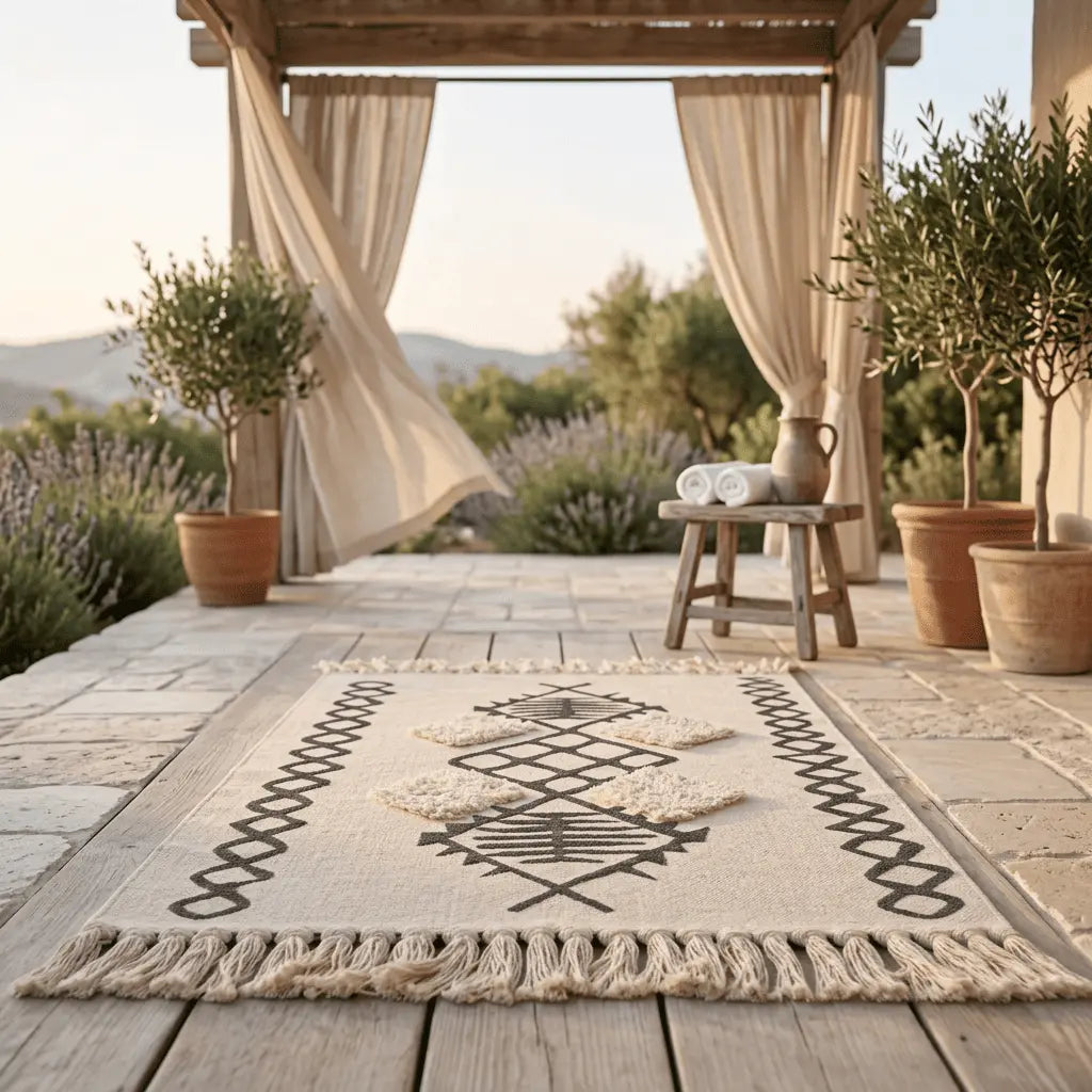 Tapis bohème installé sur une terrasse en bois entourée d’oliviers.