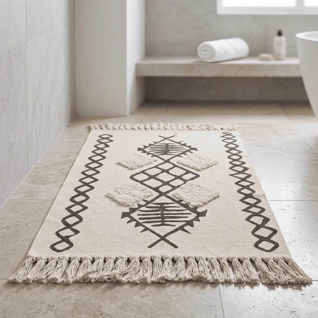 Tapis bohème disposé dans une salle de bain lumineuse au sol beige.