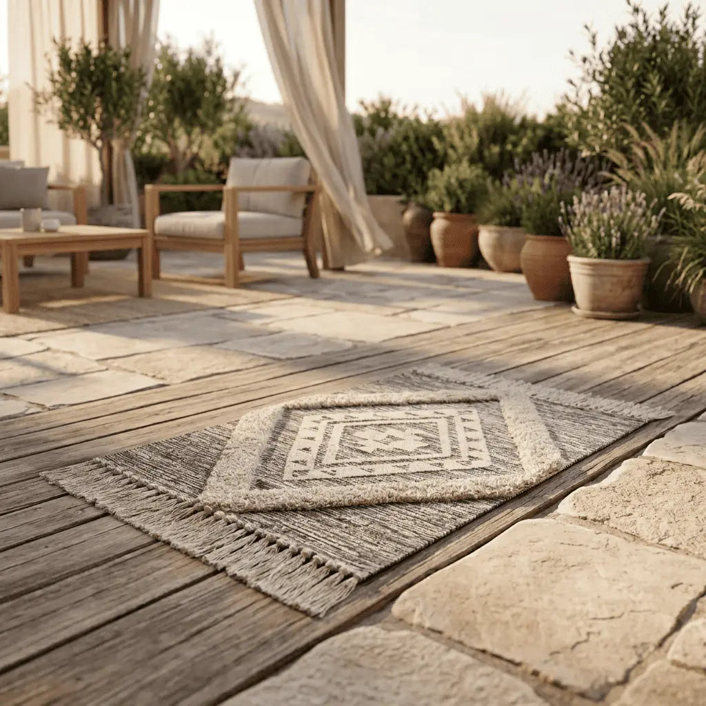 Tapis bohème disposé sur une terrasse en bois entourée de plantes méditerranéennes.