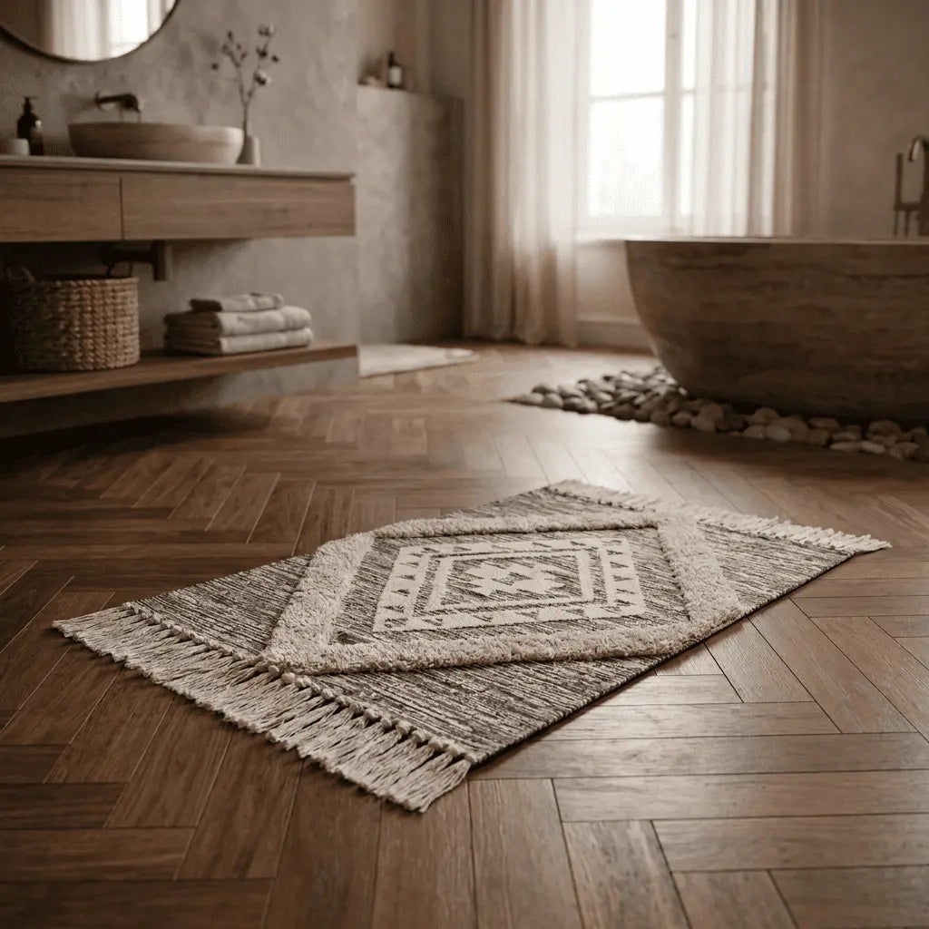 Tapis bohème installé dans une salle de bain chaleureuse au sol en parquet.