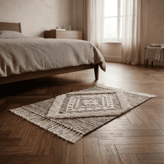 Tapis bohème SÉLÉNA beige et gris placé dans une chambre lumineuse, au pied du lit.