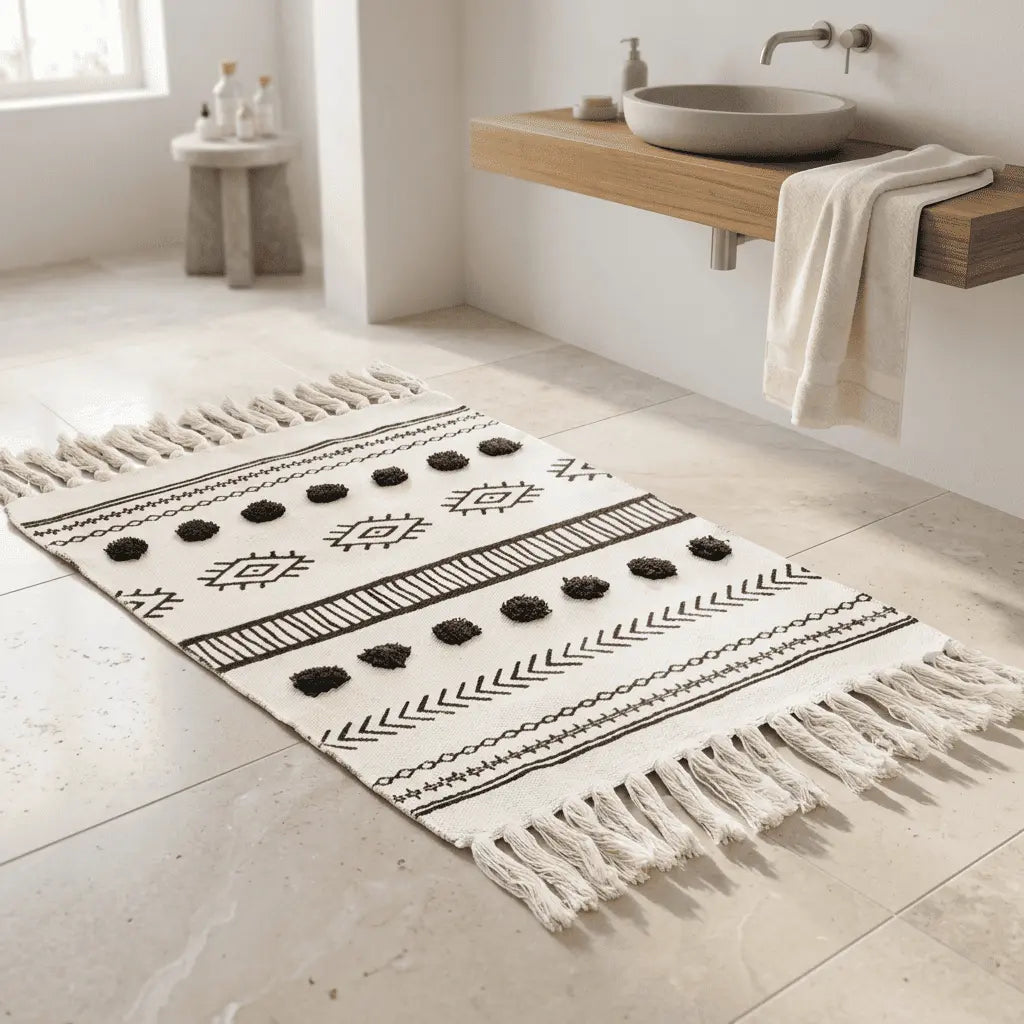 Tapis bohème écru à motifs noirs posé sur le sol d’une salle de bains moderne.