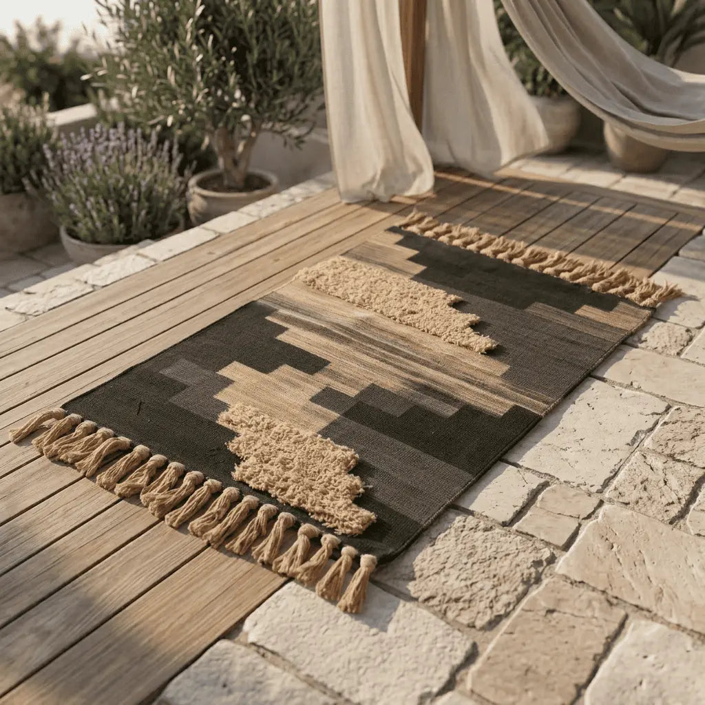 Tapis bohème installé sur une terrasse en bois avec des plantes en arrière-plan.