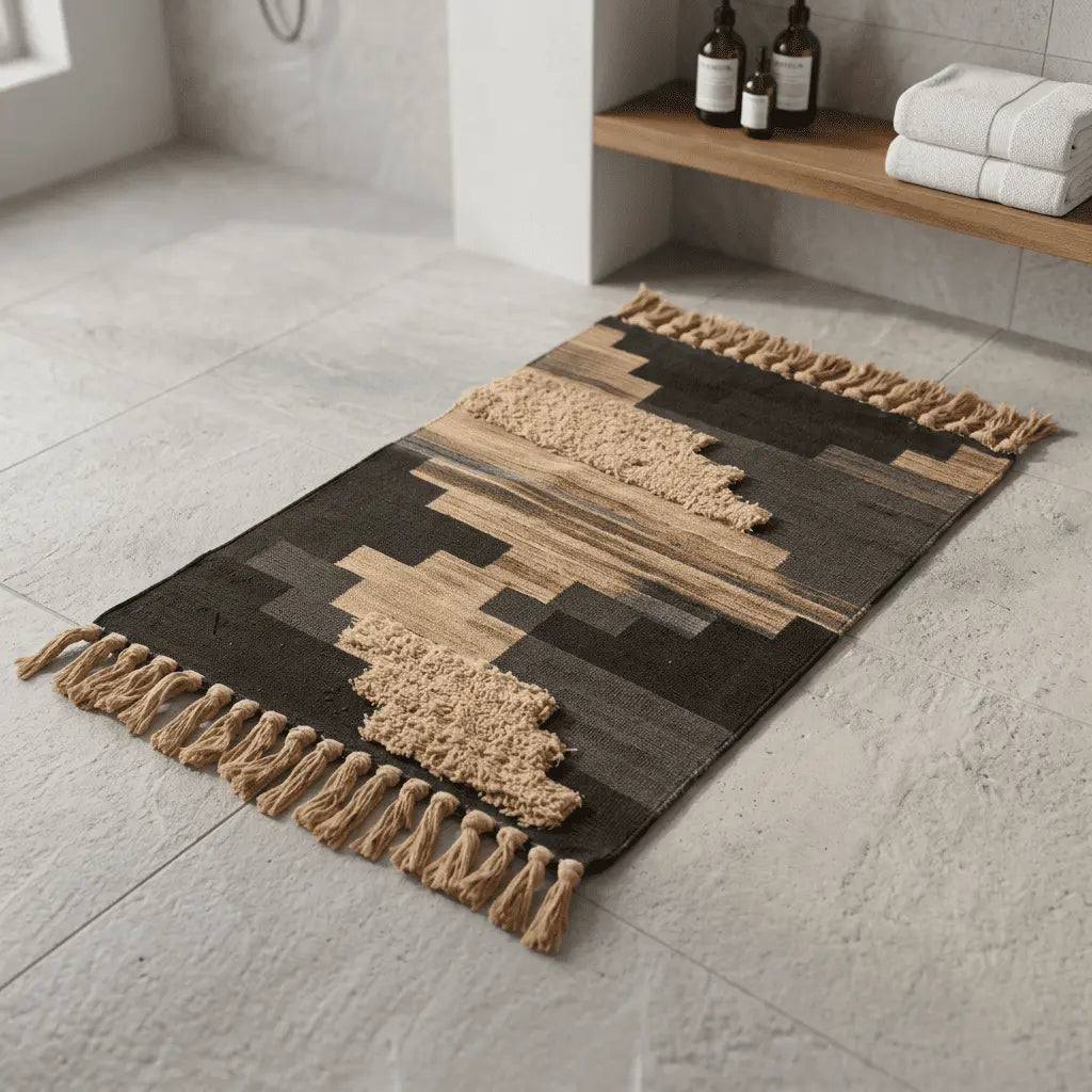 Tapis bohème disposé dans une salle de bain moderne au sol clair.